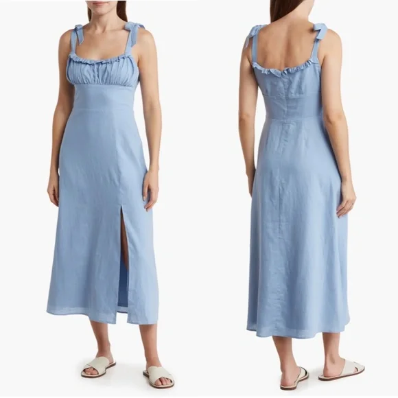 WAYF Ruched Tie Strap Linen Blend Midi Dress in Chambray Blue at Nordstrom Rack, Size Medium